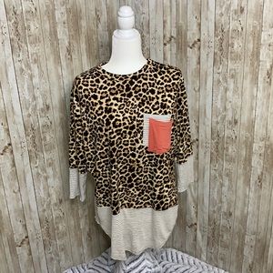 3/4 sleeve leopard and striped top
